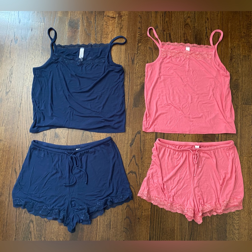 Set of 2 Women's Lace-Trim Cami & Short Sleep Set (M)- Navy &Coral (4pcs total) - Picture 15 of 15